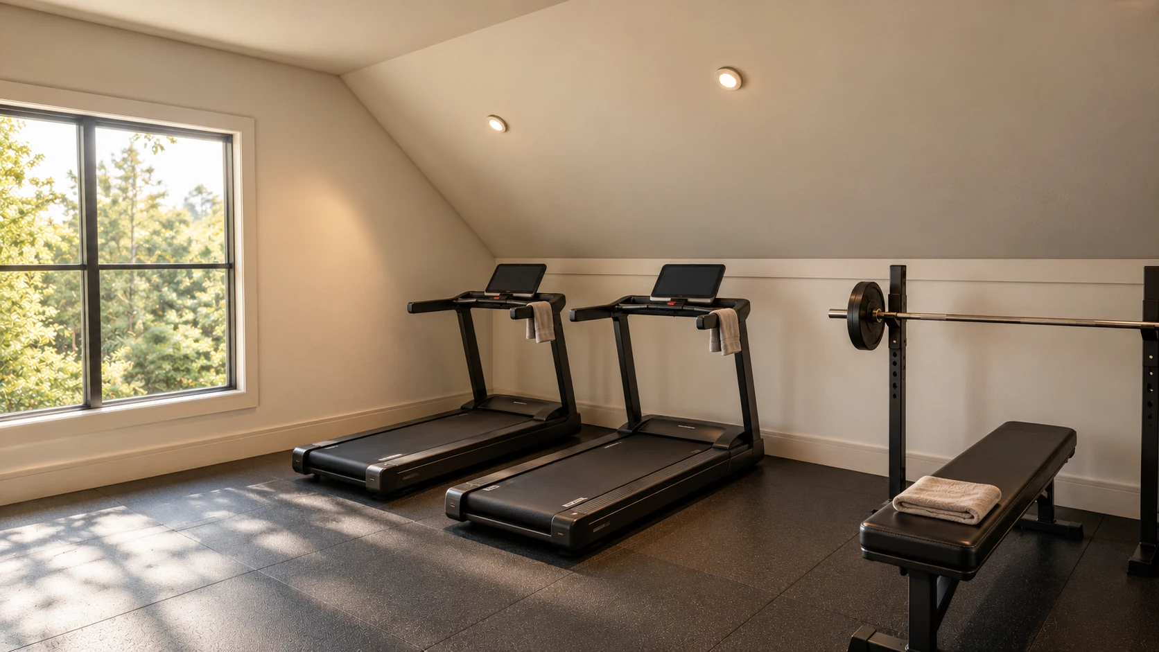Gym rendering with a large window, cardio equipment, and a weight bench