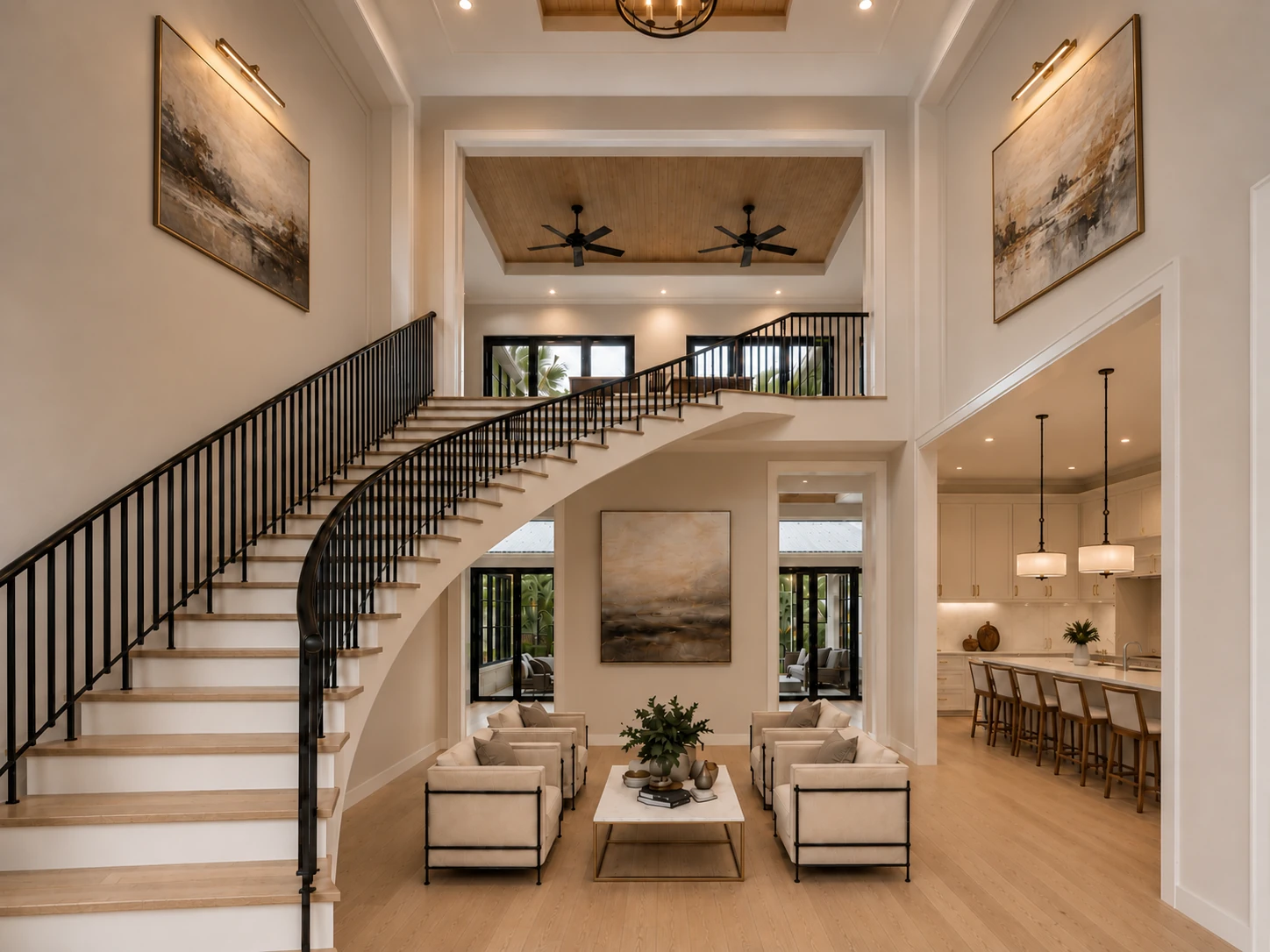 Great room rendering showing the oak ceiling, curved staircase, and tall windows