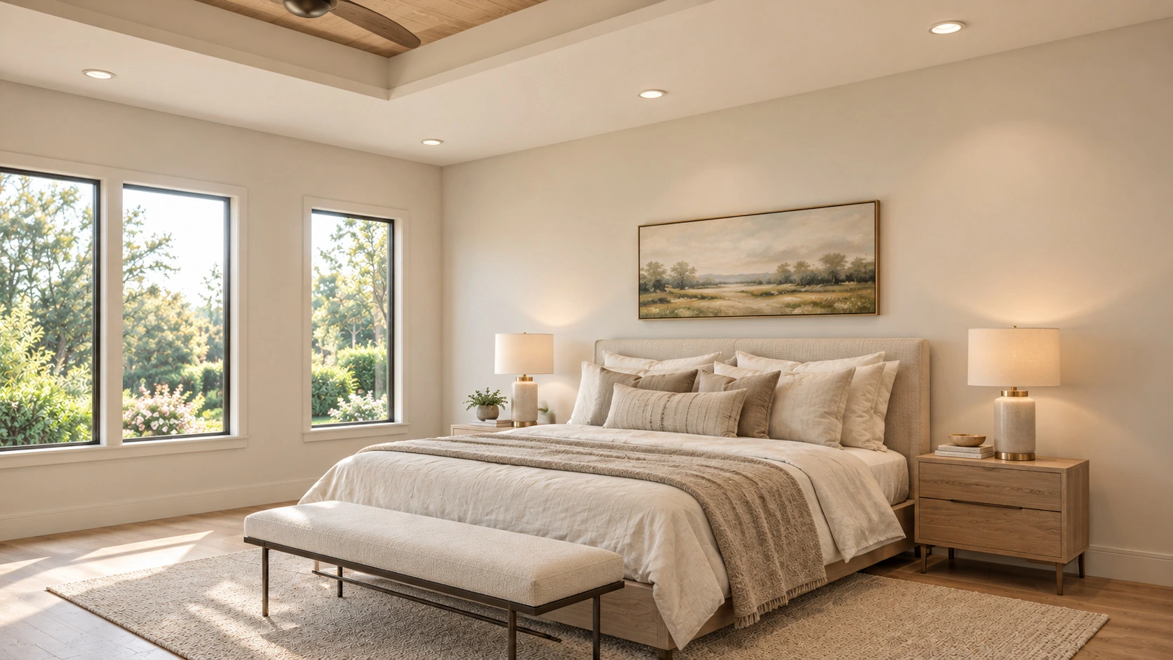 Primary bedroom rendering with an upholstered bed, tall windows, and a recessed wood ceiling
