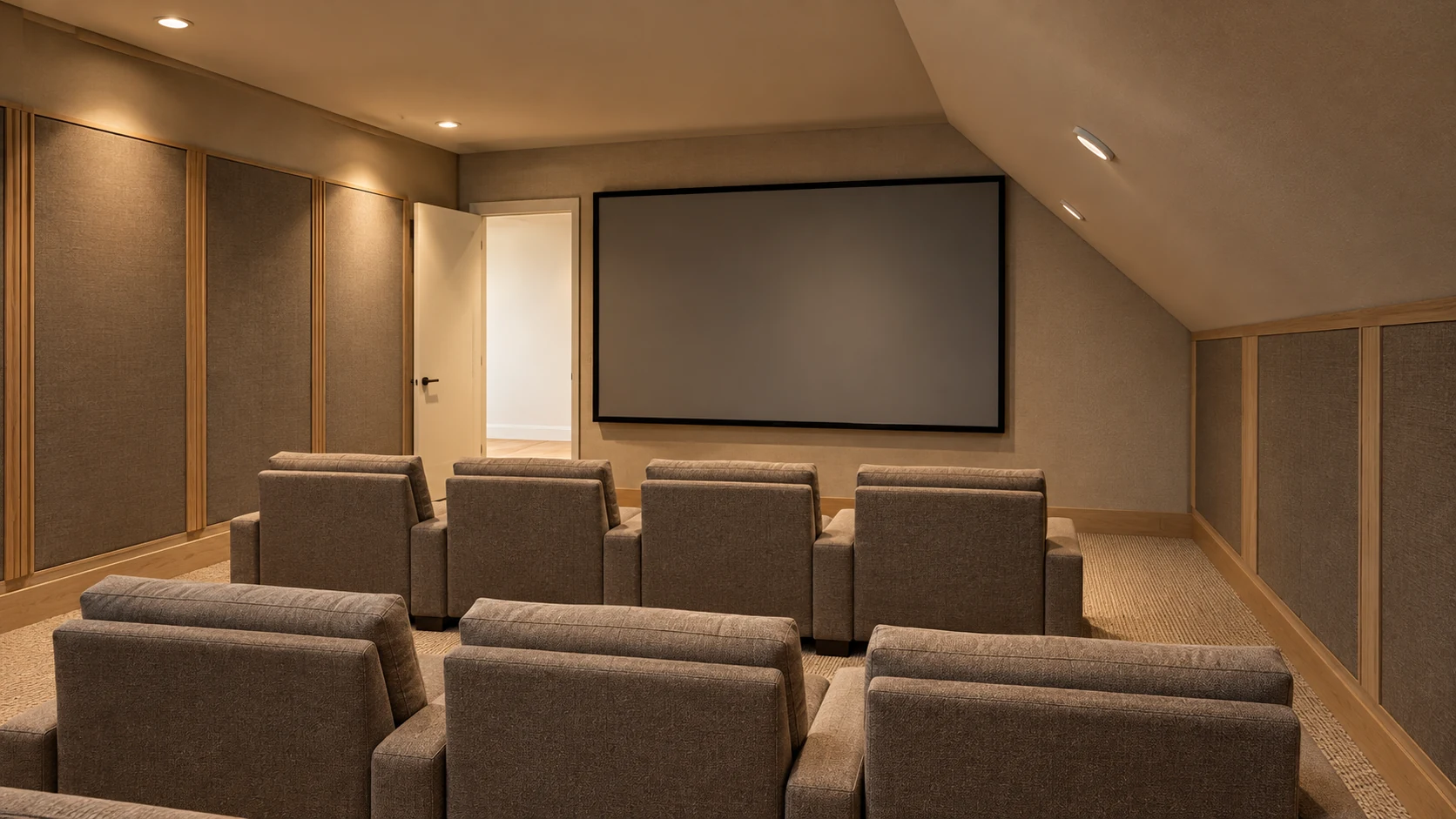 Theater rendering with two rows of seating, a large screen, and warm wood detailing