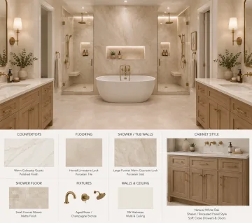 Bathroom design with a freestanding tub, natural oak vanities, and warm stone finishes