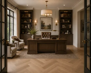 Home office with herringbone oak floors, dark wood built-in shelves, and a writing desk