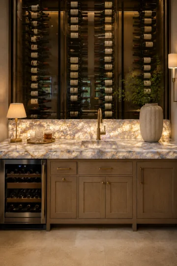 Wine bar design with illuminated stone, oak cabinetry, brass fittings, and glass-front wine storage